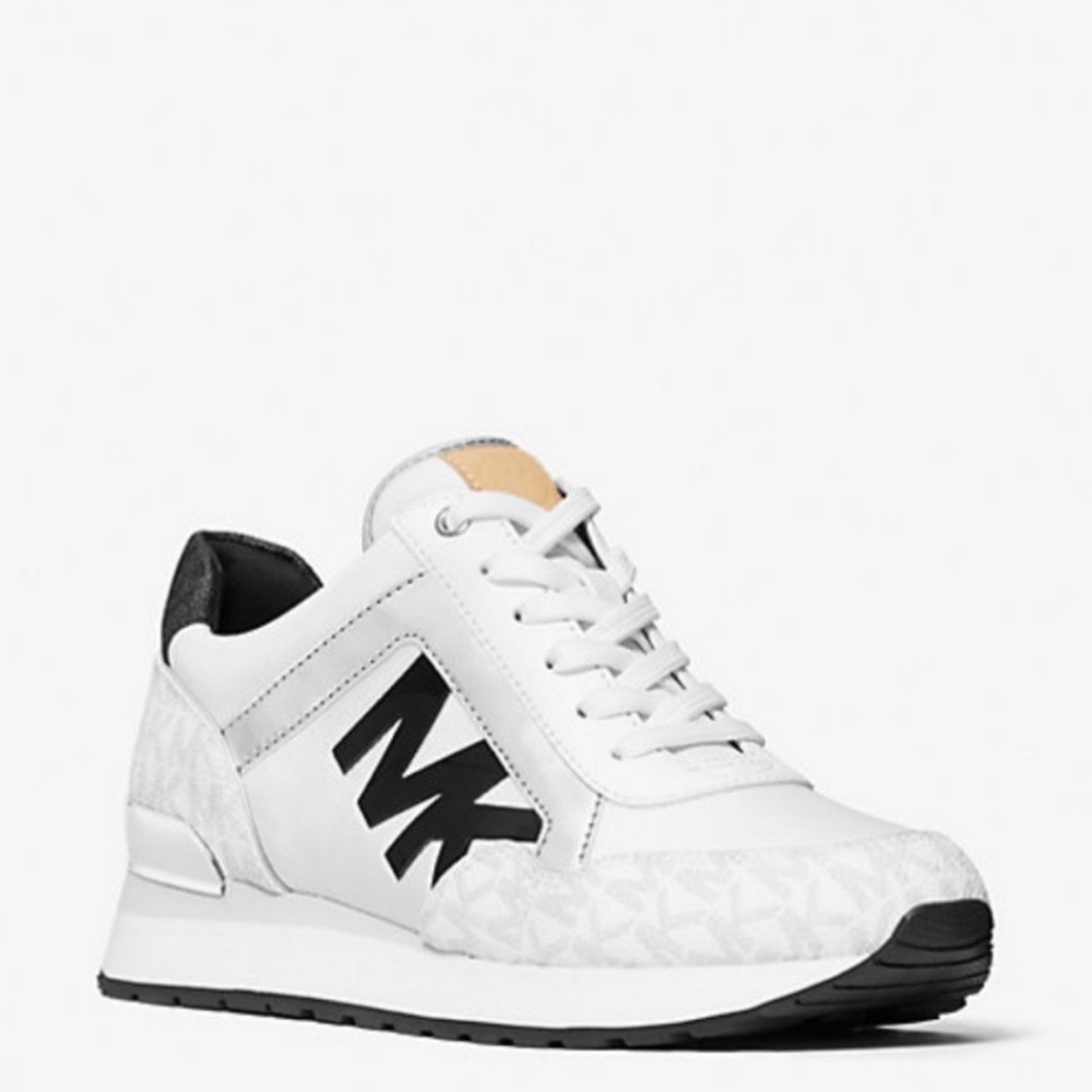 Michael Kors White and Black Maddy Trainer Tech Canvas